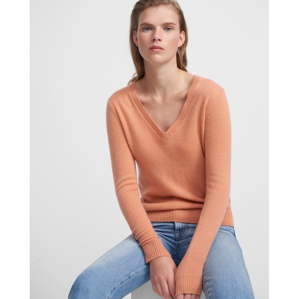 Theory 100% Cashmere (Feather)  V-Neck Coral Orange Sweater Lightweight Medium